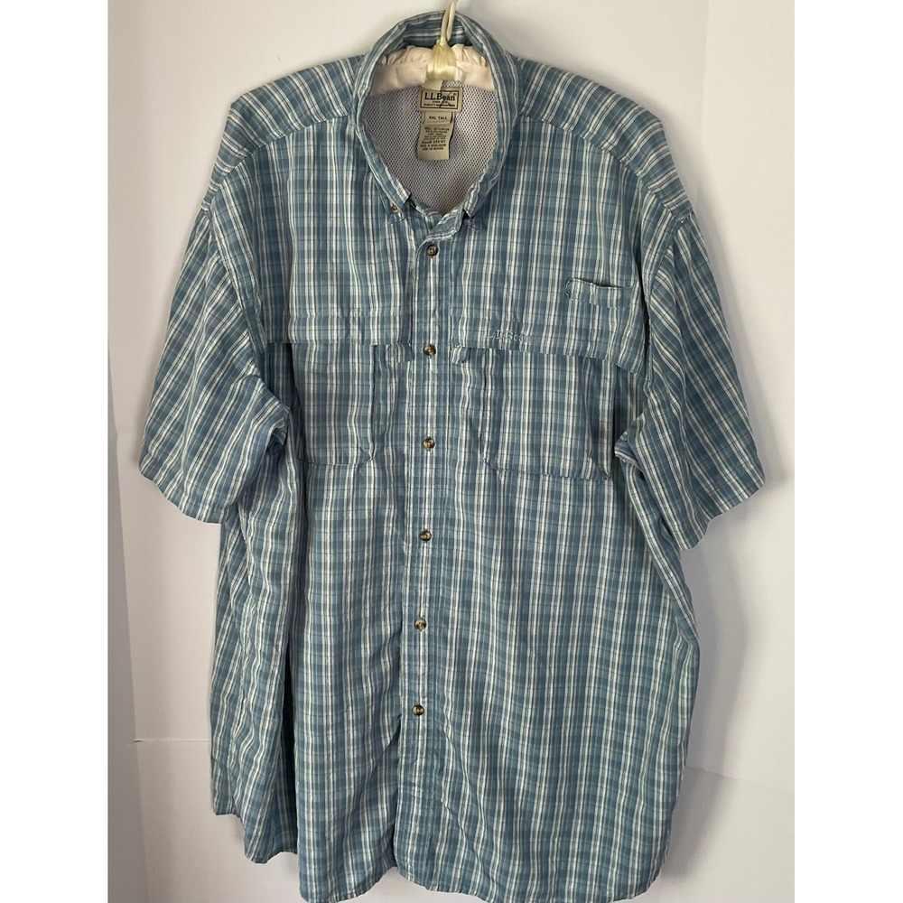 LL Bean Mens XXL Tall Blue Plaid Vented Fishing Shirt Short Sleeve Nylon 255101